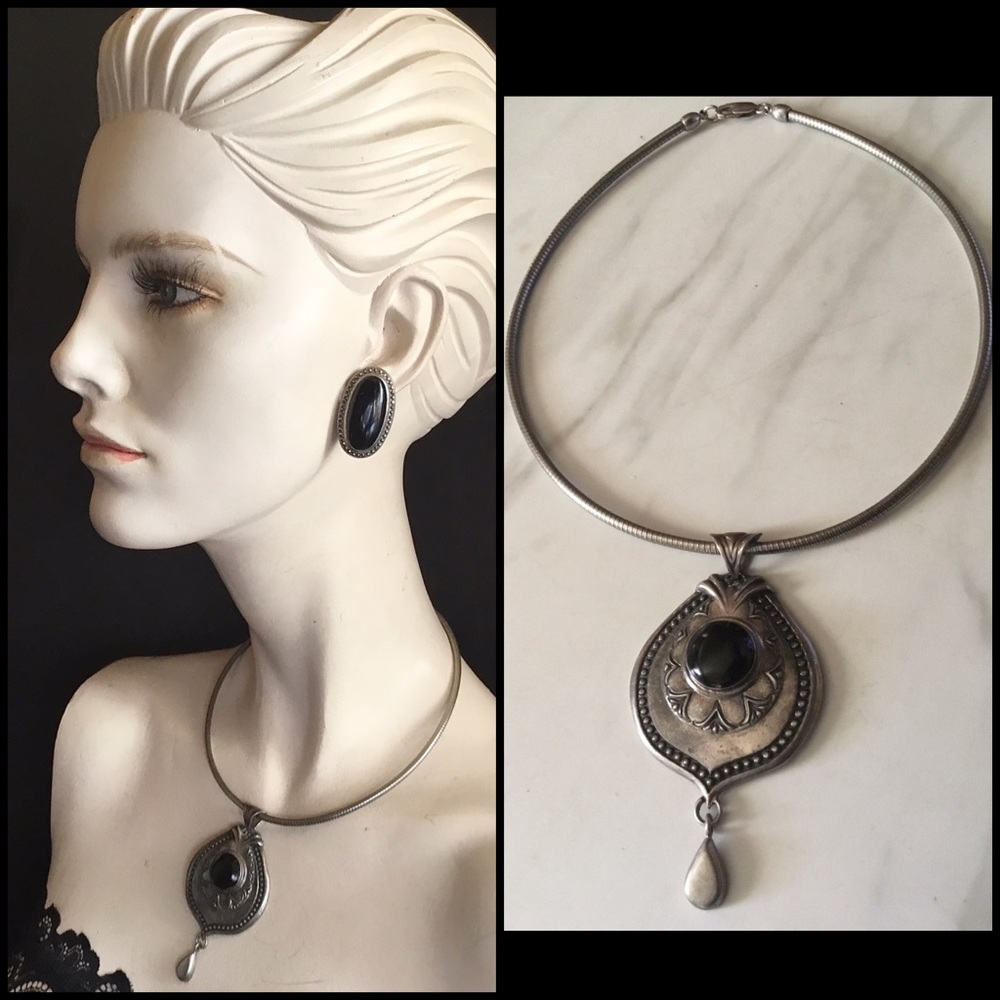 VINTAGE ATI MEXICO VICTORIAN STYLE STERLING SILVER 925 ONYX STATEMENT NECKLACE